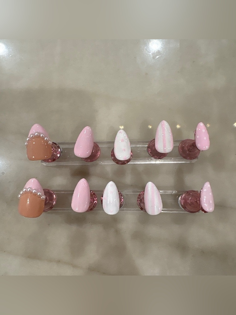 Soft Pink & White Press-On Nail Set with Pearl Accents - Women Makeup
